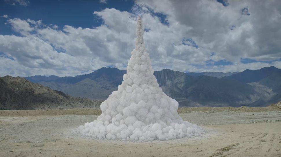 New Picture 1 Ice Towers in the Tibetan Desert | Ice Stupas 3 idiots, Ice Stupas, Rolex Awards, Sonam Wangchuk, Stupa, Tibet