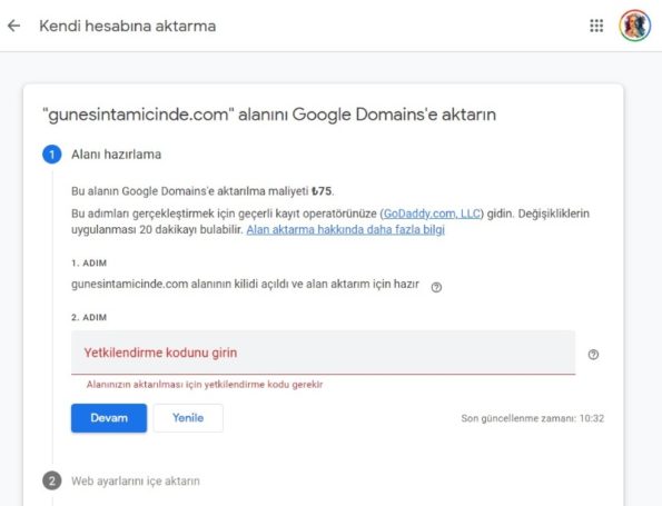 Aslında harika bir seçeneğimiz var, sistem size 3-4 gün sonra otomatik şekilde aktarılacağını söyler bir eposta yollar olayı anlatır. "İsterseniz vaz geçebilirsiniz" der. Transfer için tarih verir. google domains,Godaddy,domain transfer,transfer domain to google from godaddy,Alan Adı GoDaddy Sitesinden Google Domains Sitesine Alan Adımı / Domain Nasıl Taşırım?
